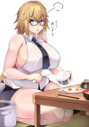 Rule 34 | 1girl, :o, absurdres, annoyed, bare shoulders, black-framed eyewear, blue eyes, breasts, chopsticks, egg, fate/grand order, fate (series), glasses, highres, huge breasts, jeanne d&#039;arc (fate), jeanne d&#039;arc (girl from orleans) (fate), jeanne d&#039;arc (ruler) (fate), long hair, muyoshito, necktie, parted lips, plump, ponytail, rice, rice cooker, seiza, sideboob, simple background, sitting, skirt, solo, thick thighs, thighs, translation request, very long hair, white background, yoshito (muyoshito207)