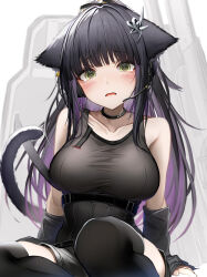 Rule 34 | 1girl, absurdres, animal ears, arknights, black hair, black shorts, black thighhighs, blush, breasts, cat ears, cat tail, green eyes, hair ornament, headset, highres, implied extra ears, jessica (arknights), jessica the liberated (arknights), large breasts, long hair, looking at viewer, official alternate costume, open mouth, purple hair, shield, shorts, sidelocks, simple background, solo, tab head, tail, tearing up, thighhighs, white background