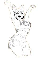 Rule 34 | 1girl, animal ear fluff, animal ears, blush, breasts, clenched hands, cropped legs, hands up, haru feng, highres, large breasts, midriff, monochrome, navel, open mouth, original, print shirt, shirt, short hair, shorts, simple background, solo, spot color, t-shirt, white background