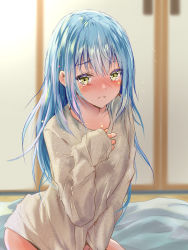 Rule 34 | 1other, aisu (icicleshot), androgynous, blue hair, blurry, blurry background, blush, closed mouth, collarbone, dress, frown, grey dress, indoors, long hair, looking at viewer, rimuru tempest, sketch, solo, straight hair, tears, tensei shitara slime datta ken, very long hair, yellow eyes