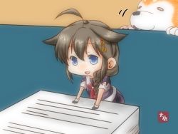 Rule 34 | 2girls, :d, ahoge, blue eyes, braid, brown hair, chibi, commentary request, dog, hair flaps, kantai collection, looking at viewer, mini person, minigirl, multiple girls, necktie, open mouth, paper stack, pleated skirt, purple shirt, purple skirt, red neckwear, shigure (kancolle), shirt, signature, single braid, skirt, smile, solo focus, standing, taisa (kari), yuudachi (kancolle)