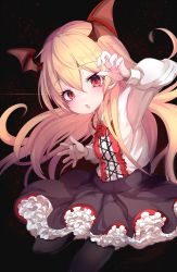 Rule 34 | 1girl, arm up, bat wings, black pantyhose, black skirt, blonde hair, blush, collared shirt, commentary request, fang, fingernails, frilled shirt collar, frills, granblue fantasy, hair between eyes, head wings, highres, long hair, long sleeves, pantyhose, parted lips, pleated skirt, puffy long sleeves, puffy sleeves, rai (sakuranbo sugar), red eyes, red wings, shirt, skirt, solo, standing, standing on one leg, vampy, very long hair, white shirt, wings