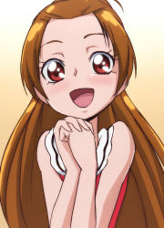 Rule 34 | 1girl, :d, brown eyes, brown hair, dokidoki! precure, dress, eyelashes, gradient background, half updo, long hair, looking at viewer, madoka aguri, oimanji, open mouth, precure, red dress, smile, solo
