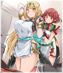 Rule 34 | 2girls, absurdres, apron, blonde hair, blush, breasts, closed mouth, dual persona, gem, hair ornament, headpiece, highres, jewelry, kurokaze no sora, large breasts, long hair, multiple girls, mythra (xenoblade), nervous, pyra (xenoblade), red eyes, red hair, short hair, skindentation, smile, thighs, tiara, xenoblade chronicles (series), xenoblade chronicles 2, yellow eyes