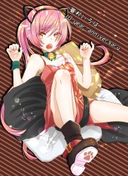 Rule 34 | 1girl, animal ears, anniversary, boots, bow, cat ears, cat tail, character name, commentary, cushion, dress, dress bow, fang, full body, hairband, highres, long hair, looking at viewer, nail polish, nekomura iroha, open mouth, paw pose, paw print, pink hair, ponta (poqpon), rainbow, red dress, red nails, refraction, sitting, solo, spaghetti strap, striped, striped background, tail, vocaloid, wristband, yellow eyes