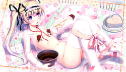 Rule 34 | 1girl, aruciii, black ribbon, blonde hair, blouse, blush, bottomless, bound, bowl, breasts, cake, chocolate, chocolate covered, chocolate on body, chocolate on breasts, collared shirt, covered erect nipples, dress shirt, eyebrows, flower, food, food on body, frills, hair between eyes, hair ribbon, hairband, heart, heart-shaped food, holding, long hair, long sleeves, looking at viewer, lying, navel, neck ribbon, no bra, no shoes, on back, open clothes, open mouth, open shirt, original, pink ribbon, plate, polka dot, purple eyes, red ribbon, ribbon, see-through, shirt, small breasts, solo, spatula, thighhighs, twintails, valentine, white thighhighs
