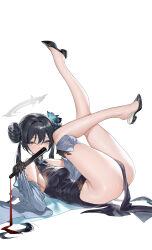 Rule 34 | 1girl, absurdres, ass, bare legs, bare shoulders, black dress, black footwear, black gloves, black hair, blue archive, blue eyes, blue jacket, breasts, butterfly hair ornament, china dress, chinese clothes, dated commentary, double bun, dragon print, dress, gloves, grey halo, hair bun, hair ornament, halo, hand fan, highres, holding, holding fan, horz, jacket, kisaki (blue archive), legs, legs up, long hair, looking at viewer, lying, medium breasts, on back, pelvic curtain, print dress, shoe dangle, shoes, simple background, sleeveless, sleeveless dress, solo, striped clothes, striped jacket, thighs, twintails, vertical-striped clothes, vertical-striped jacket, white background