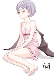 Rule 34 | 1girl, alternate hair length, alternate hairstyle, artist name, bare arms, bare legs, bare shoulders, barefoot, bat wings, blue hair, blush, breasts, chinese commentary, collarbone, commentary request, dress, fkey, full body, highres, looking at viewer, nail polish, no headwear, no headwear, pink dress, pink nails, red eyes, remilia scarlet, shadow, short dress, short hair, signature, simple background, sitting, small breasts, solo, spaghetti strap, toenail polish, toenails, touhou, very short hair, white background, wings