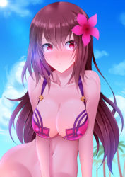 Rule 34 | 1girl, :&lt;, bikini, bikini top only, blush, bottomless, breasts, cleavage, ediblepanda, fate/grand order, fate (series), large breasts, long hair, looking at viewer, purple hair, red eyes, scathach (fate), scathach (fate/grand order), scathach (swimsuit assassin) (fate), solo, swimsuit