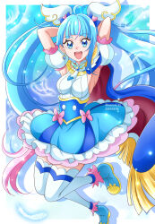 Rule 34 | 1girl, ankle boots, armpits, arms behind head, arms up, blue cape, blue dress, blue eyes, blue footwear, blue hair, boots, bow, brooch, cape, cure sky, cut bangs, dated, detached sleeves, dress, dress bow, earrings, feathers, fingerless gloves, frilled dress, frills, fringe trim, gloves, hanzou, highres, hirogaru sky! precure, jewelry, jumping, leg up, light particles, long hair, looking at viewer, magical girl, multicolored hair, open mouth, pink hair, precure, puffy detached sleeves, puffy sleeves, red cape, shadow, short dress, sleeveless, sleeveless dress, smile, solo, sora harewataru, streaked hair, thighhighs, twintails, twitter username, two-sided cape, two-sided fabric, two-tone dress, two-tone hair, very long hair, white dress, white gloves, white thighhighs, wing brooch, wing hair ornament