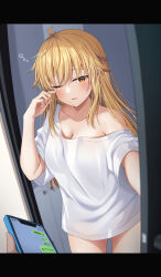 Rule 34 | 1boy, 1girl, blonde hair, blush, breasts, brown eyes, cellphone, cleavage, collarbone, commentary request, hair between eyes, hand up, highres, holding, holding phone, komori kuzuyu, letterboxed, long hair, looking at viewer, medium breasts, nao (kuzuyu), off shoulder, original, parted lips, phone, rubbing eyes, shirt, short sleeves, solo focus, standing, very long hair, white shirt