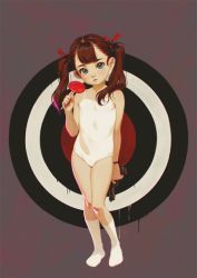Rule 34 | 1girl, alkemanubis, blue eyes, blush, brown background, brown hair, candy, child, closed mouth, collarbone, commentary, english commentary, female focus, flat chest, food, full body, gun, hair ribbon, handgun, highres, holding, holding candy, holding food, holding gun, holding weapon, leotard, lips, long hair, looking at viewer, original, pistol, red ribbon, ribbon, short hair, simple background, sleeveless, socks, solo, standing, target, twintails, weapon, white leotard, white socks