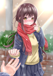 Rule 34 | 1girl, bad id, bad pixiv id, blazer, blue skirt, blurry, blush, brown hair, closed mouth, commentary request, day, depth of field, hair between eyes, highres, jacket, long hair, looking at viewer, nakaji (user snap3353), nose blush, open clothes, open jacket, original, outdoors, pleated skirt, red scarf, scarf, school uniform, skirt, sleeves past wrists, smile, snow, solo focus, sweater, very long hair, yellow eyes, yellow sweater