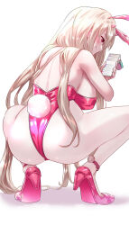 Rule 34 | 1girl, animal ears, ass, back, bare shoulders, blonde hair, blush, bow, bowtie, breasts, cellphone, closed mouth, fake animal ears, fake tail, goddess of victory: nikke, high heels, highres, horns, large breasts, leotard, long hair, pantyhose, phone, pink eyes, pink horns, pink leotard, playboy bunny, rabbit ears, rabbit tail, smile, solo, squatting, tail, thighs, uenoryoma, viper (nikke), viper (toxic rabbit) (nikke), white background, white pantyhose, wrist cuffs