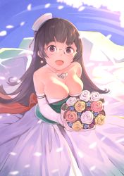 Rule 34 | 1girl, adapted costume, bare shoulders, blush, bouquet, bow, breasts, brown hair, choukai (kancolle), choukai kai ni (kancolle), cleavage, commentary request, dress, elbow gloves, flower, formal, glasses, gloves, hair between eyes, hat, holding, holding bouquet, jewelry, kantai collection, large breasts, long hair, looking at viewer, mini hat, necklace, open mouth, petals, red bow, red eyes, rimless eyewear, rose, smile, solo, strapless, strapless dress, tomamatto, water, wedding dress, white dress, white flower, white gloves, yellow flower