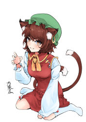 Rule 34 | 1girl, absurdres, animal ears, brown eyes, brown hair, cat ears, cat tail, chen, earrings, green hat, hat, highres, jewelry, looking at viewer, mob cap, multiple tails, nekomata, short hair, signature, simple background, sitting, socks, solo, tail, touhou, two tails, wariza, white background, yagoro kusuriya