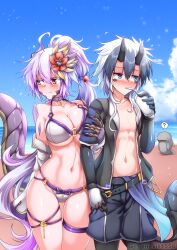 Rule 34 | 1boy, 1girl, ahoge, bare shoulders, beach, bikini, black hair, black shirt, black shorts, blue sky, blush, breasts, choker, claws, cleavage, closed mouth, cloud, collarbone, commentary request, couple, cowboy shot, cup, day, dragon boy, dragon girl, dragon horns, dragon tail, drinking straw, drinking straw in mouth, flower, flying sweatdrops, g (genesis1556), groin, hair between eyes, hair flower, hair ornament, heterochromia, highres, holding, holding cup, horns, jacket, large breasts, locked arms, long hair, monster boy, monster girl, multicolored hair, navel, ocean, off shoulder, open clothes, open shirt, original, outdoors, ponytail, purple choker, purple eyes, purple hair, rara (g (genesis1556)), rio (g (genesis1556)), scales, shadow, shark, shirt, shorts, sidelocks, sky, standing, stomach, swimsuit, tail, two-tone hair, very long hair, white bikini, white hair, white jacket