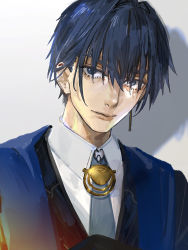 Rule 34 | 1boy, blue eyes, blue hair, commentary request, earrings, formal, genderswap, genderswap (ftm), highres, hololive, hololive english, jewelry, looking at viewer, necktie, ouro kronii, ouro krono, short hair, solo, suit, virtual youtuber, wada arco, wing collar