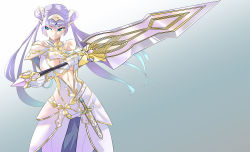 Rule 34 | 1girl, absurdres, arm guards, bare shoulders, belt, blue eyes, breasts, britomart (fate), britomart (second ascension) (fate), capelet, center opening, cleavage, dagger, double bun, dress, elbow gloves, fate/grand order, fate (series), gloves, gold trim, greatsword, grey hair, hair bun, hairband, highres, knife, large breasts, long hair, looking to the side, mor (morfowfow), pants, pointy ears, solo, sword, thighs, tight clothes, tight pants, twintails, very long hair, weapon, white capelet, white dress, white gloves, white pants