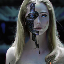Rule 34 | 1girl, android, bare shoulders, blonde hair, blood, blue eyes, blurry, blurry background, bruise, depth of field, dolores abernathy, expressionless, eyeshadow, female focus, highres, injury, lips, lipstick, long hair, looking at viewer, makeup, mascara, mechanical parts, oliver wetter, parted bangs, parted lips, patreon username, pink lips, signature, solo, teeth, upper body, watermark, web address, westworld