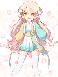 Rule 34 | 1girl, animal ears, bangle, blue jacket, bracelet, braid, commentary request, cropped jacket, feet out of frame, highres, holding, horns, jacket, jewelry, light brown hair, long hair, long sleeves, maplestory, nekono rin, open clothes, open jacket, orange eyes, petals, pleated skirt, puffy long sleeves, puffy sleeves, sheep ears, sheep girl, sheep horns, shirt, short shorts, shorts, skirt, solo, standing, thighhighs, very long hair, white background, white shirt, white shorts, white skirt, white thighhighs, yellow jacket
