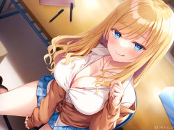 Rule 34 | 1girl, asmr, blonde hair, blue skirt, bra, bra peek, breasts, cardigan, cleavage, closed mouth, collared shirt, dress shirt, dutch angle, green eyes, itsuki jun, jewelry, licking lips, long hair, long sleeves, looking at viewer, medium breasts, necklace, on chair, original, pen, pink bra, pleated skirt, shirt, sitting, skirt, solo, tongue, tongue out, twitter username, underwear, white shirt