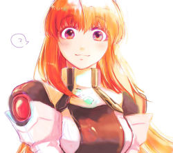 Rule 34 | 1girl, ?, closed mouth, elhaym van houten, hair between eyes, long hair, looking at viewer, orange hair, pin (xeno), simple background, smile, solo, speech bubble, spoken question mark, straight hair, turtleneck, white background, xenogears