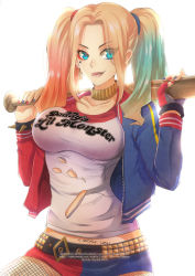 Rule 34 | 1girl, baseball bat, batman (series), belt, blonde hair, blue eyes, breasts, dc comics, enjelicious, harley quinn, jacket, jewelry, large breasts, lips, lipstick, long hair, makeup, multicolored clothes, multicolored hair, pantyhose, shorts, smile, solo, suicide squad, twintails