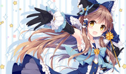 Rule 34 | 1girl, :d, alternate costume, armpits, black gloves, blue bow, blue dress, blue neckwear, blush, bow, brown hair, center frills, collared shirt, dress, elbow gloves, frilled bow, frilled shirt collar, frills, gloves, hair bow, hair ornament, hair tubes, hakurei reimu, hat, holding, holding wand, long hair, looking at viewer, mini hat, mini witch hat, mochizuki shiina, open mouth, outstretched arm, pinky out, shadow, shirt, simple background, sleeveless, sleeveless dress, smile, solo, sparkle, star (symbol), star hair ornament, starry background, striped, striped background, touhou, upper body, vertical stripes, very long hair, wand, witch hat, wrist cuffs, yellow eyes