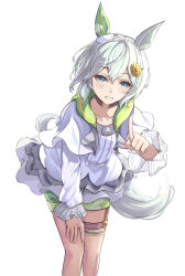 Rule 34 | 1girl, animal ears, blush, brown choker, choker, commentary request, cowboy shot, ear covers, green shorts, grey hair, grin, hair between eyes, hair ornament, hairclip, hand on own leg, highres, horse ears, horse girl, horse tail, pendant choker, peperoncino-sama, pointing, pointing at viewer, seiun sky (umamusume), shirt, short hair, shorts, simple background, single ear cover, smile, solo, tail, thigh strap, umamusume, white background, white shirt