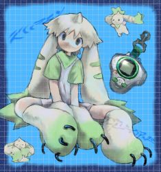 Rule 34 | 1boy, :3, animal ears, animal feet, animal hands, bandana, between legs, blue background, claws, commentary, digimon, digimon (creature), digimon tamers, digivice, floppy ears, full body, gloves, green bandana, green footwear, green gloves, green shirt, grey eyes, grid background, hand between legs, highres, horns, kagaya (oshiriudon), looking at viewer, paw gloves, paw shoes, personification, shirt, short hair, short sleeves, shorts, single horn, sitting, smile, solo, symbol-only commentary, terriermon, white footwear, white gloves, white hair, white shirt, white shorts