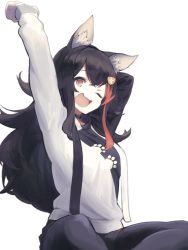 Rule 34 | 1girl, ;d, animal ears, arm up, black hair, fang, hair between eyes, hair ornament, highres, hololive, long hair, long sleeves, multicolored hair, one eye closed, ookami mio, ookami mio (casual), open mouth, orange eyes, red hair, shirt, simple background, skin fang, sleeves past wrists, smile, solo, streaked hair, tamasa yamoto, virtual youtuber, white background, white shirt, wolf ears, wolf girl, yawning