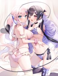 Rule 34 | 2girls, ;d, arm up, ass, ayuma sayu, back, bare shoulders, black choker, black hair, black thighhighs, blue eyes, bow, bra, breasts, butt crack, choker, cleavage, demon tail, frilled bra, frilled panties, frills, hair bow, hair ornament, hairclip, halterneck, highres, jacket, large breasts, lingerie, long hair, long sleeves, looking at viewer, multi-strapped panties, multiple girls, off shoulder, one eye closed, open clothes, open jacket, open mouth, original, panties, pink bra, pink hair, pink panties, polka dot, polka dot bra, polka dot panties, ponytail, purple bra, purple jacket, purple panties, red eyes, side-tie panties, skindentation, smile, strap gap, string bra, string panties, tail, thighhighs, thighs, twintails, underwear, underwear only, very long hair, white thighhighs