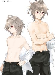 Rule 34 | 1boy, absurdres, blouse, clothes pull, fate/apocrypha, fate (series), grey hair, hair between eyes, highres, looking at viewer, male focus, mitsurugi sugar, navel, open mouth, pants, red eyes, shirt, sieg (fate), simple background, smile, topless male, white background, white shirt
