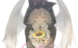 Rule 34 | 1girl, animal ears, animal hood, black jacket, bouquet, closed mouth, collared shirt, commentary request, danganronpa (series), danganronpa 2: goodbye despair, dress shirt, fake animal ears, feathered wings, flower, galaga, grey hair, half-closed eyes, highres, holding, holding bouquet, hood, hood up, hooded jacket, jacket, linfi-muu, nanami chiaki, pink eyes, resolution mismatch, revision, shirt, simple background, smile, solo, source larger, sunflower, white background, white shirt, white wings, wings, yellow flower