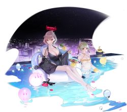 Rule 34 | 2girls, anklet, azur lane, bare shoulders, barefoot, bikini, black bow, black one-piece swimsuit, blue hair, blush, bow, breasts, brown hair, building, city, cleavage, closed mouth, collarbone, covered navel, duca degli abruzzi (azur lane), duca degli abruzzi (lustrous onyx sirenetta) (azur lane), fingernails, flower, food, fruit, giuseppe garibaldi (azur lane), grey hair, highres, holding, in water, jacket, jewelry, large breasts, leaf, looking at viewer, manjuu (azur lane), mechanical arms, medium breasts, multicolored hair, multiple girls, nail polish, necktie, official art, ohisashiburi, one-piece swimsuit, open mouth, partially submerged, petals, pool, prosthesis, prosthetic arm, red eyes, red hair, red nails, see-through, short hair, short twintails, single mechanical arm, sitting, smile, sunglasses, swimming, swimsuit, toes, transparent background, tray, twintails, water, wet, yellow bikini