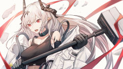 Rule 34 | 1girl, absurdres, arknights, bare shoulders, black choker, breasts, choker, commentary request, crop top, fanshu, gloves, grey gloves, hammer, highres, holding, holding hammer, holding weapon, horns, infection monitor (arknights), large breasts, long hair, midriff, mudrock (arknights), open mouth, pointy ears, red eyes, sarashi, silver hair, solo, sports bra, upper body, weapon, white background
