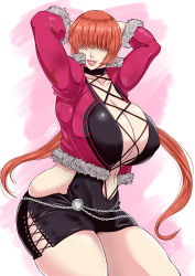 Rule 34 | 1girl, breasts, brown hair, choker, cleavage, cleavage cutout, clothing cutout, cropped jacket, curvy, hair over eyes, huge breasts, jacket, lace-up, long hair, navel, pink jacket, plunging neckline, shermie (kof), snk, solo, split ponytail, the king of fighters, the king of fighters xv, thick thighs, thighs, toguchi masaya