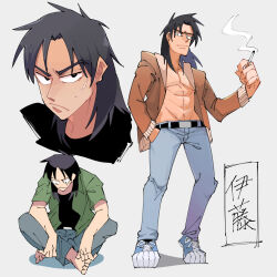 Rule 34 | 1boy, abs, barefoot, belt, black belt, black eyes, black hair, black shirt, blue footwear, bomber jacket, brown jacket, cigarette, closed mouth, commentary request, denim, facial scar, full body, green shirt, grey background, grin, hand in pocket, highres, holding, holding cigarette, indian style, inudori, itou kaiji, jacket, jeans, kaiji, long hair, long sleeves, looking at viewer, male focus, medium bangs, multiple views, navel, no shirt, open clothes, open shirt, pants, parted bangs, pointy nose, scar, scar on cheek, scar on face, shirt, shoes, simple background, sitting, smile, smoke, smoking, sneakers, standing, undershirt, v-shaped eyebrows