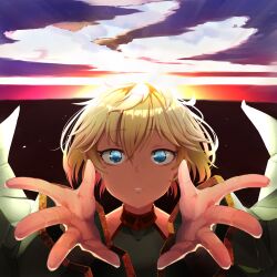 Rule 34 | 1boy, absurdres, androgynous, bare shoulders, blonde hair, blue eyes, blue pupils, commentary request, detached sleeves, doro9363, elona, green sleeves, hands up, highres, kumiromi of harvest, looking at viewer, medium hair, outstretched hand, parted lips, solo, straight-on, trap