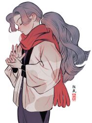 Rule 34 | 1boy, absurdres, ayabe kihachirou, blush, breath, bruise, closed eyes, commentary, cowboy shot, grey hair, hands up, highres, ine (zx o4), injury, jacket, japanese clothes, kimono, long hair, long sleeves, low ponytail, male focus, nose blush, own hands together, pants, ponytail, profile, purple hair, purple kimono, rakudai ninja rantarou, red scarf, scarf, simple background, solo, white background, white jacket, wide sleeves, winter clothes