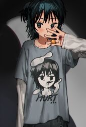 Rule 34 | ..., 1girl, black hair, blush, brown eyes, candy, commentary, english commentary, english text, food, grey background, grey shirt, hand up, highres, holding, holding food, layered sleeves, lollipop, long sleeves, looking at viewer, medium hair, mole, mole on cheek, myango (applemangocrape), one side up, original, print shirt, shirt, short over long sleeves, short sleeves, simple background, solo, white shirt