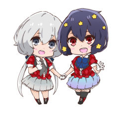 Rule 34 | 2girls, :d, black footwear, black hair, black legwear, blue bow, blue skirt, blush, boots, bow, chibi, collared shirt, commentary request, gloves, grey eyes, grey hair, grey neckerchief, grey skirt, hair between eyes, holding hands, konno junko, looking at viewer, low twintails, mizuno ai, multiple girls, neckerchief, nozo (hitomiz), open mouth, pleated skirt, red eyes, shirt, simple background, skirt, smile, standing, standing on one leg, teeth, thighhighs, thighhighs under boots, twintails, upper teeth only, white background, white gloves, white shirt, zombie land saga