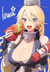 Rule 34 | 10s, 1girl, bad id, bad pixiv id, blonde hair, blue eyes, breasts, character name, elbow gloves, fingerless gloves, food, front-tie top, gloves, burger, headgear, iowa (kancolle), kantai collection, kisenka momi, large breasts, solo, squeeze bottle, star-shaped pupils, star (symbol), symbol-shaped pupils
