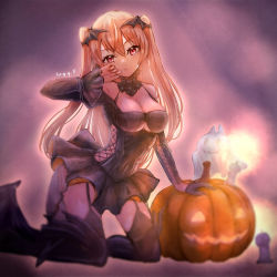 Rule 34 | 1girl, black dress, black thighhighs, breasts, dress, garter straps, halloween, halloween costume, jack-o&#039;-lantern, johnston (kancolle), kantai collection, light brown hair, long hair, medium breasts, official alternate costume, pumpkin, red eyes, short dress, solo, thighhighs, two side up, vampire costume, wss (nicoseiga19993411)
