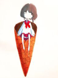 Rule 34 | 1girl, barefoot, brown hair, closed mouth, commentary, facing viewer, food, full body, ice cream cone, in food, long sleeves, melting, mini person, minigirl, neckerchief, original, pleated skirt, red neckerchief, red sailor collar, red skirt, sailor collar, sailor shirt, school uniform, serafuku, shirt, short hair, sideways glance, simple background, sitting, skirt, solo, tareme, tokunaga aoi, traditional media, waffle cone, white background, white shirt
