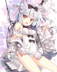 Rule 34 | 1girl, :d, animal ears, azur lane, bare shoulders, black bow, blush, bow, breasts, brown eyes, cat ears, center frills, commentary request, covered navel, dress, fang, fingernails, frilled umbrella, frills, fujima takuya, hair bow, long hair, long sleeves, looking at viewer, medium breasts, off-shoulder dress, off shoulder, open mouth, panties, short dress, silver hair, sitting, skirt hold, smile, snowflakes, solo, swing, torpedo launcher, two side up, umbrella, underwear, very long hair, white bow, white dress, white panties, white umbrella, wide sleeves, yukikaze (azur lane), yukikaze (sovereign of the swing) (azur lane)