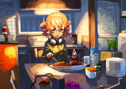 Rule 34 | 12 (xaenedju), 1girl, bespectacled, casual, drill hair, eating, food, fork, glasses, kasane teto, knife, looking at viewer, red eyes, red hair, solo, twin drills, utau