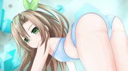 Rule 34 | 1girl, ass, ass focus, bare shoulders, brown hair, dhipa, covered erect nipples, expressionless, flat chest, from behind, green eyes, hair between eyes, hair ornament, highres, if (neptunia), leaf hair ornament, long hair, looking at viewer, looking back, neptune (series), solo, underwear, very long hair