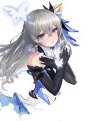 Rule 34 | 1girl, bad id, bad pixiv id, bare shoulders, black gloves, blue eyes, blush, bronya zaychik, bronya zaychik (herrscher of reason), bug, butterfly, crossed arms, dokomon, earrings, elbow gloves, glint, gloves, glowing, grey hair, hair between eyes, hair ornament, highres, honkai (series), honkai impact 3rd, insect, jewelry, long hair, looking at viewer, parted lips, ringlets, solo, strapless, tears, very long hair, white background